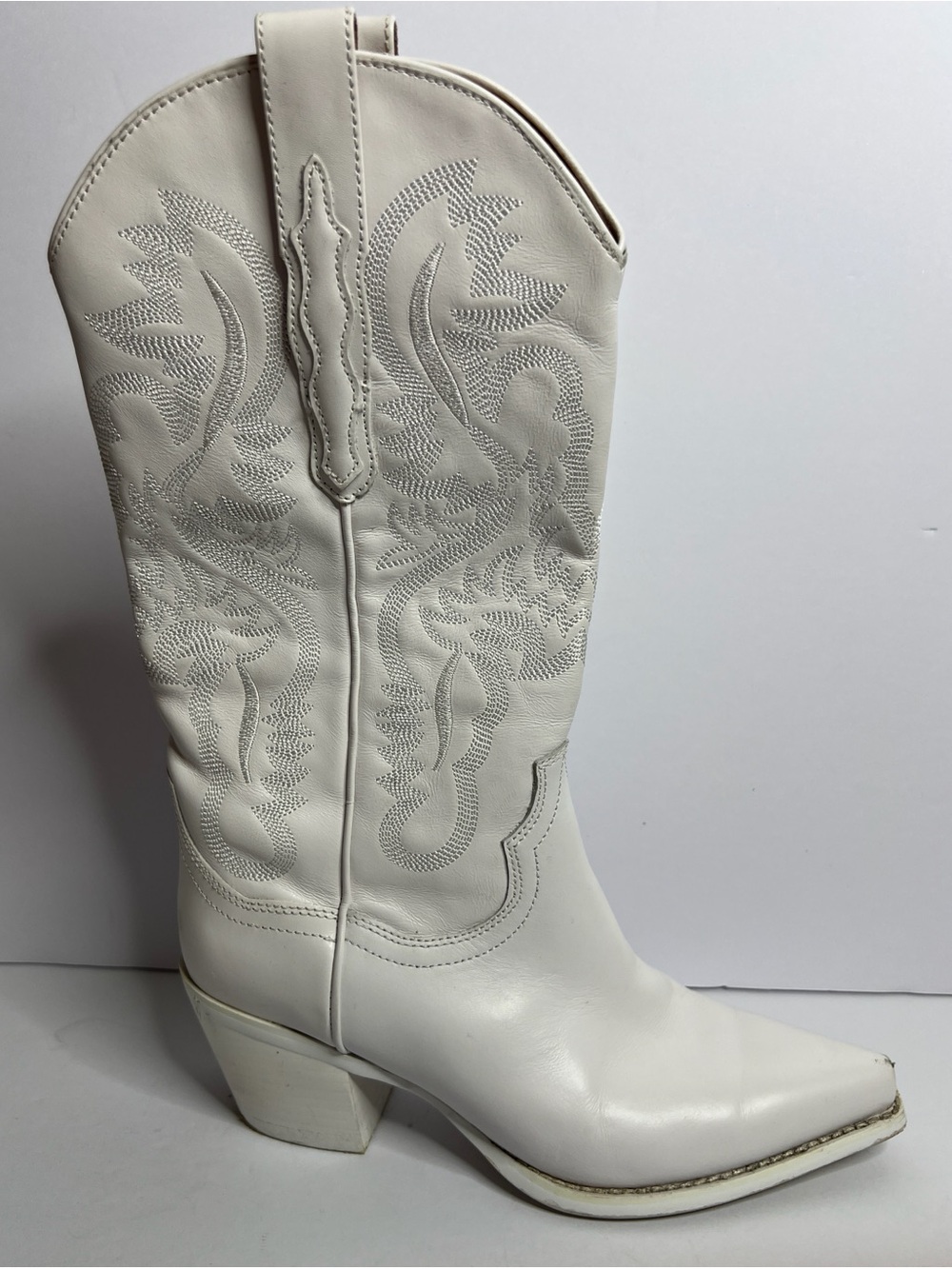 Jeffrey Campbell White Western Cowboy Mid-Calf Boots Block Heel Leather Size 8.5